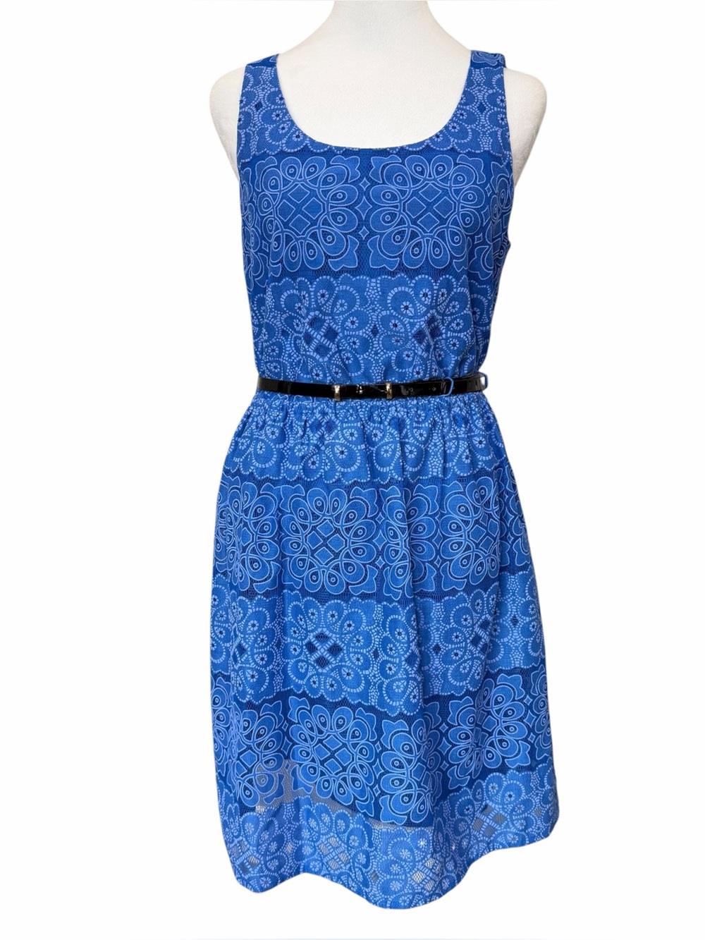 Women's ELLE Size Small Mosaic Mesh Blue Fit & Flare Dress Sleeveless Belted